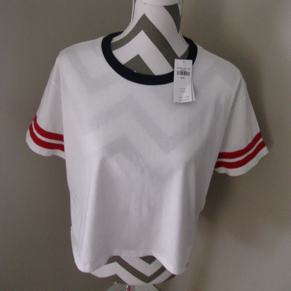Hollister White Red Blue Cropped Ringer Tee NWT L